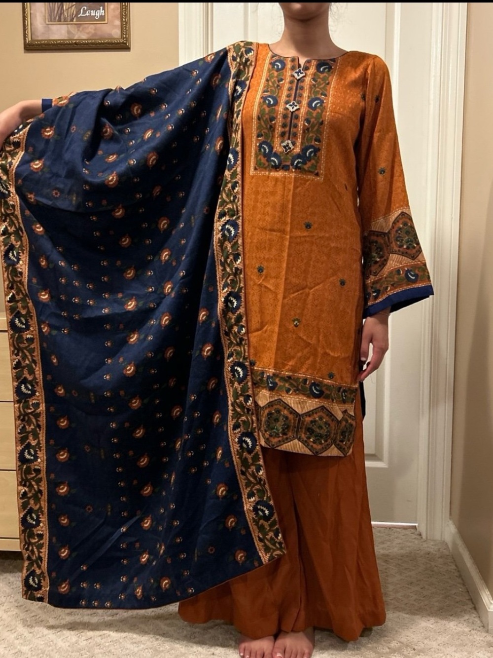Rust Orange & Navy Blue Ethnic Shalwar Kameez Suit